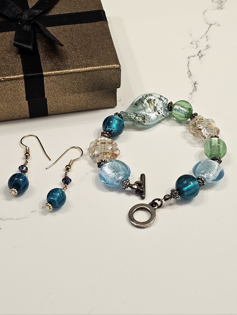 Handcrafted Blue Green Glass Bead Bracelet and Earring Set